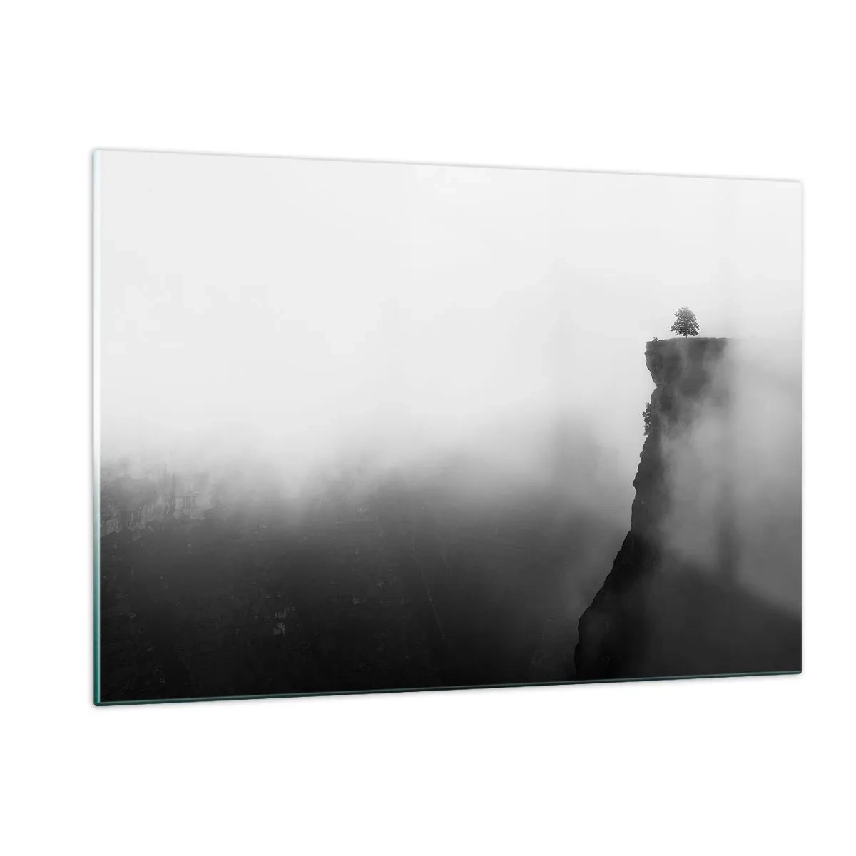 Cuadro sobre vidrio - Impresiones sobre Vidrio - Un árbol solitario al borde de un acantilado en medio de una espesa niebla. - 120x80cm - En el límite del mundo - Decoración de pared moderna para salón y dormitorio ARTTOR