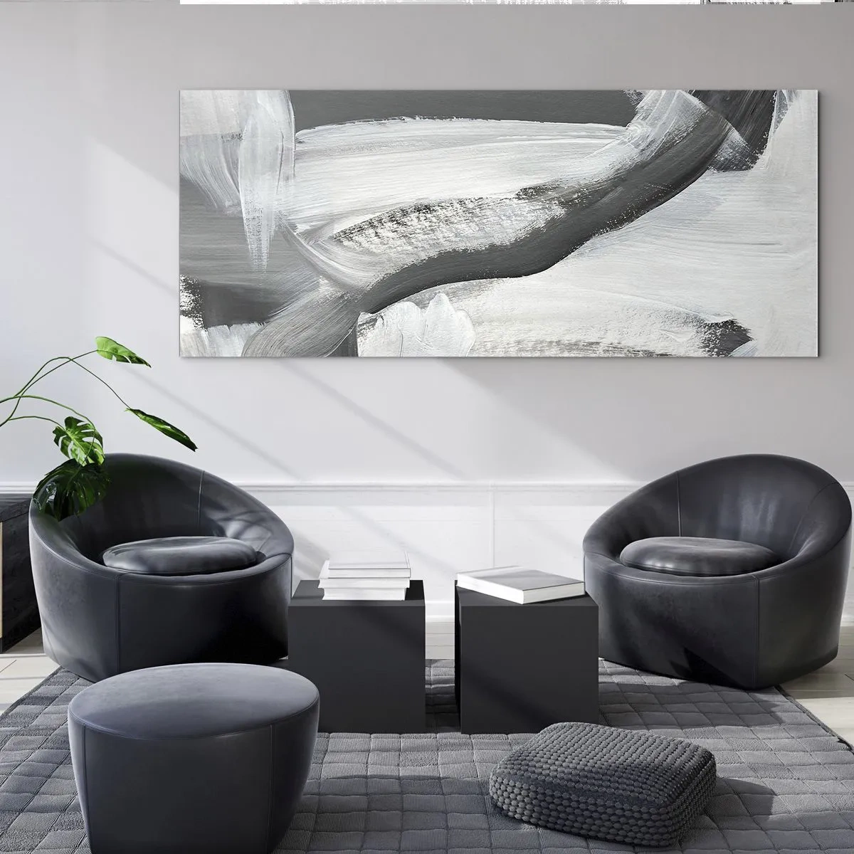 Cuadro sobre vidrio - Impresiones sobre Vidrio - Abstracción gris y blanca con líneas dinámicas. - 120x50cm - Con movimientos decididos - Decoración de pared moderna para salón y dormitorio ARTTOR