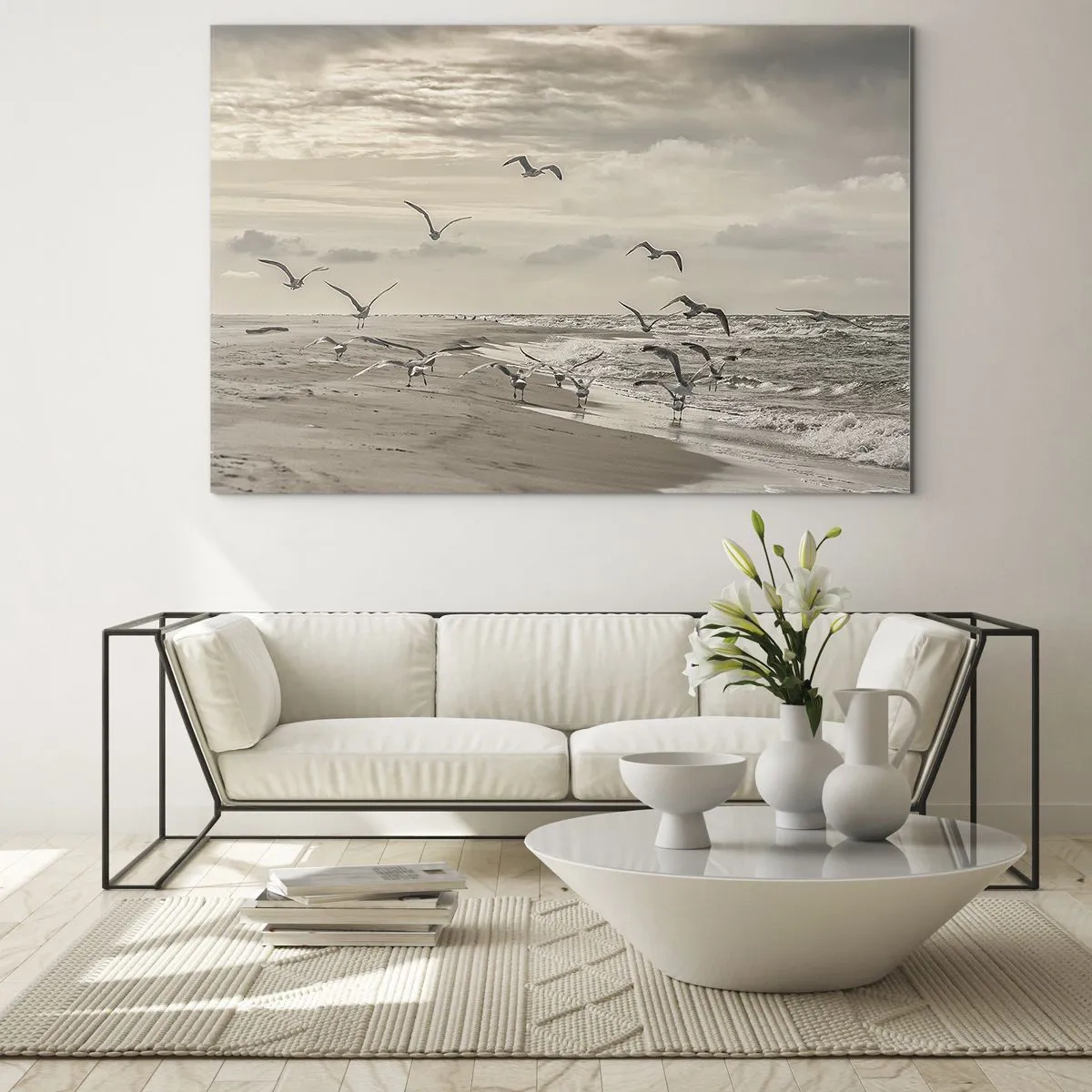 Cuadro sobre vidrio - Impresiones sobre Vidrio - Pájaros en la orilla del mar al amanecer en tonos sepia - 100x70cm - El sonido del mar, el canto de los pájaros - Decoración de pared moderna para salón y dormitorio ARTTOR