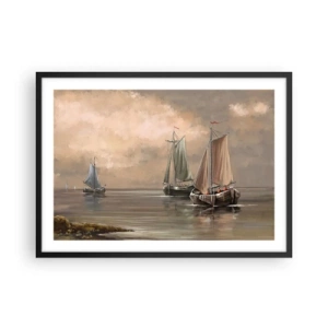 Póster en marco negro - Veleros en un mar en calma en un entorno pastel - 70x50cm - El regreso de los marineros - Decoración de pared moderna para salón y dormitorio ARTTOR
