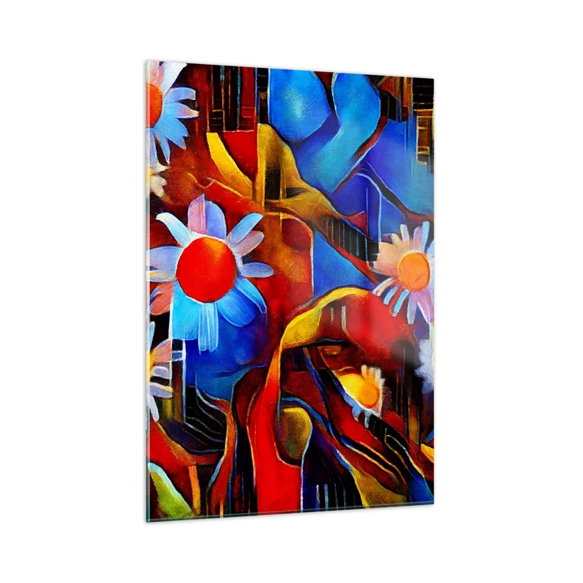 Cuadro sobre vidrio - Impresiones sobre Vidrio - Flores abstractas coloridas sobre un fondo de colores intensos. - 50x70cm - Colores de la vida - Decoración de pared moderna para salón y dormitorio ARTTOR