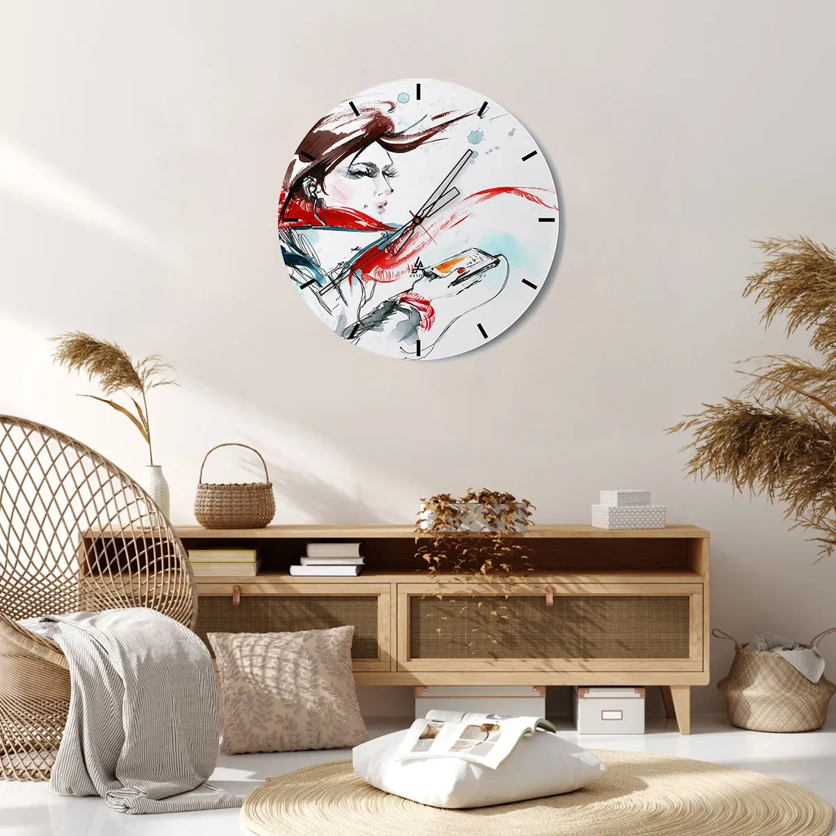 Reloj de pared - Reloj de vidrio - Retrato de una mujer con un pañuelo rojo y una guitarra en estilo acuarela. - 30x30cm - Algo suena dentro de mí - Decoración de pared moderna para salón, cocina y dormitorio ARTTOR