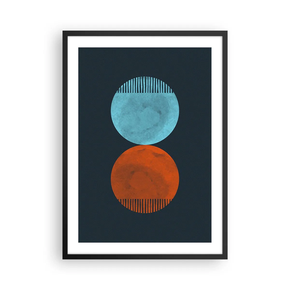 Póster en marco negro - Dos círculos: azul y naranja sobre un fondo azul marino. - 50x70cm - ¿Solo geometría? - Decoración de pared moderna para salón y dormitorio ARTTOR