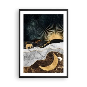 Póster en marco negro - Paisaje dorado con la luna, el sol y la silueta de un elefante. - 50x70cm - Leyes eternas - Decoración de pared moderna para salón y dormitorio ARTTOR