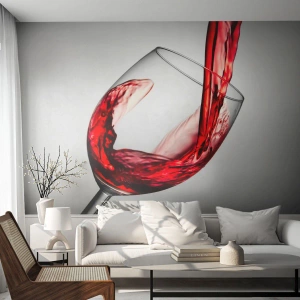 Fotomural Premium Canvas - Una copa de vino tinto vertida sobre un fondo claro. - 100x70cm - Color - Movimiento - Sonido - Decoración de pared moderna para salón y dormitorio ARTTOR