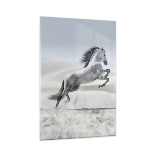 Cuadro sobre vidrio - Impresiones sobre Vidrio - Un caballo blanco galopando con las dunas del desierto como telón de fondo. - 80x120cm - Un príncipe árabe - Decoración de pared moderna para salón y dormitorio ARTTOR