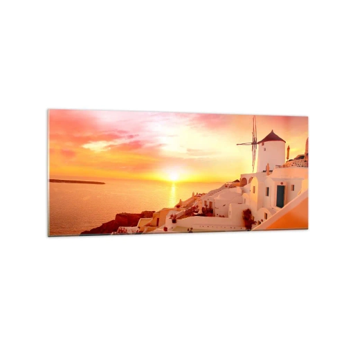 Cuadro sobre vidrio - Impresiones sobre Vidrio - Santorini al atardecer con un molino de viento - 120x50cm - Blanco y dorado - Decoración de pared moderna para salón y dormitorio ARTTOR