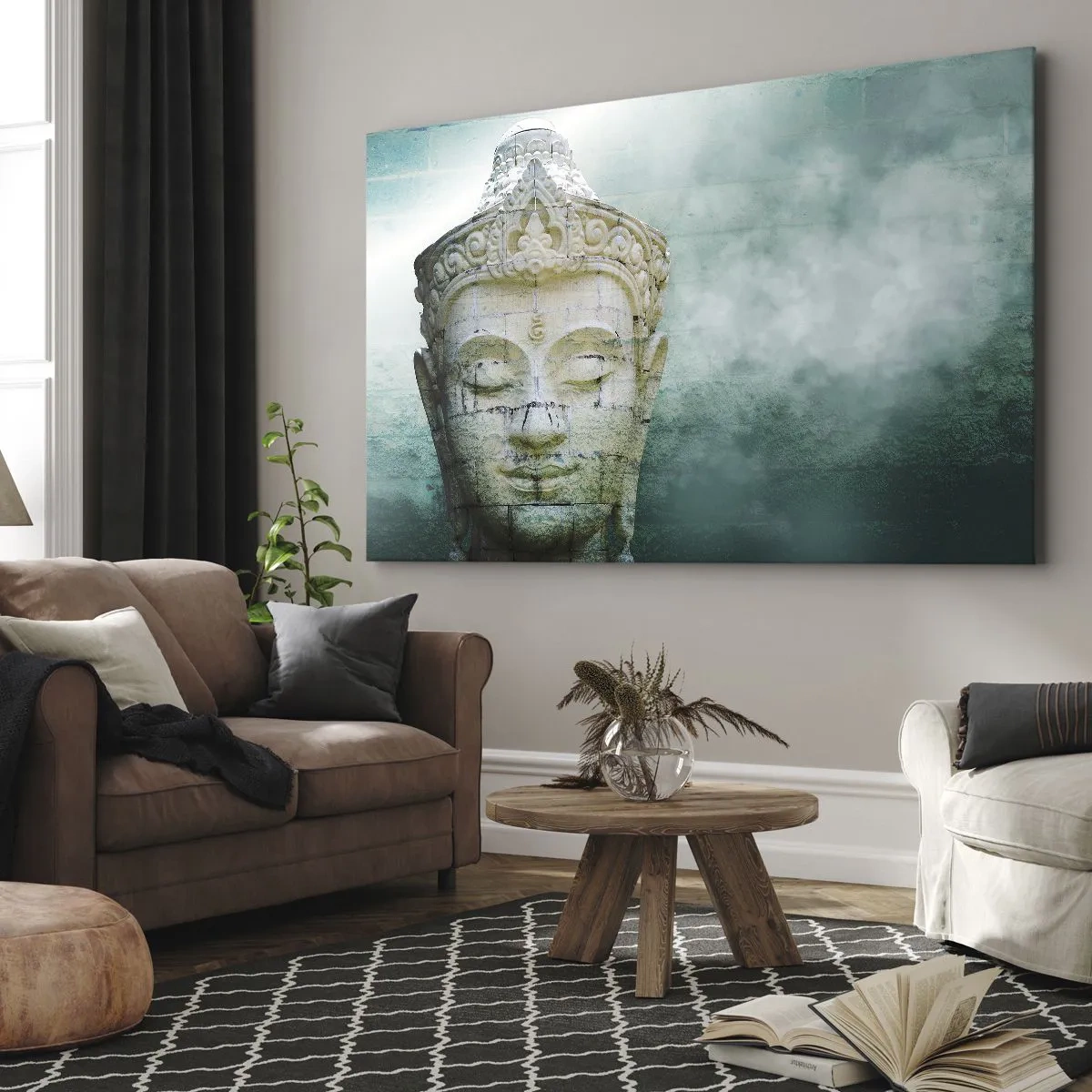 Cuadro sobre lienzo - Impresión de Imagen - Estatua de Buda con una suave niebla sobre un fondo verde. - 120x80cm - Buscando la luz - Decoración de pared moderna para salón y dormitorio ARTTOR