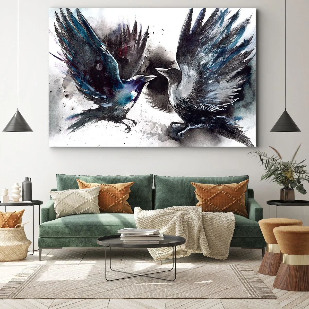 Cuadro sobre lienzo - Impresión de Imagen - Cuervos artísticos en una composición dinámica de acuarela. - 70x50cm - De cuervo a cuervo... - Decoración de pared moderna para salón y dormitorio ARTTOR