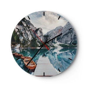Reloj de pared - Reloj de vidrio - Un embarcadero de madera y barcos con el fondo de un lago de montaña. - 30x30cm - Te mostraremos la fuente de la belleza - Decoración de pared moderna para salón, cocina y dormitorio ARTTOR