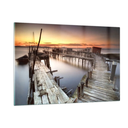 Cuadro sobre vidrio - Impresiones sobre Vidrio - Muelles de madera al atardecer sobre un lago tranquilo - 120x80cm - Auténtico, sublime - Decoración de pared moderna para salón y dormitorio ARTTOR