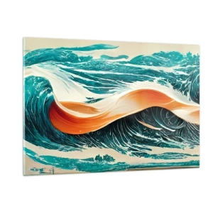 Cuadro sobre vidrio - Impresiones sobre Vidrio - Ondas turquesas con una cinta naranja en un estilo surrealista. - 120x80cm - El sueño de un surfista - Decoración de pared moderna para salón y dormitorio ARTTOR