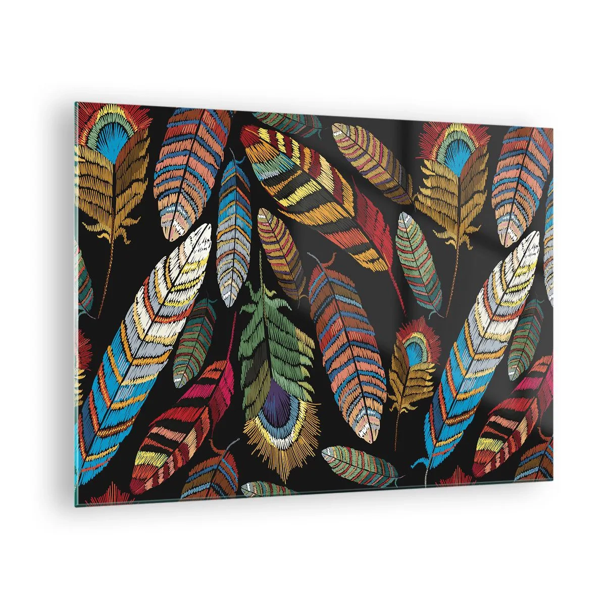 Cuadro sobre vidrio - Impresiones sobre Vidrio - Plumas de colores sobre un fondo oscuro en un patrón artístico. - 70x50cm - Carnaval de las aves - Decoración de pared moderna para salón y dormitorio ARTTOR