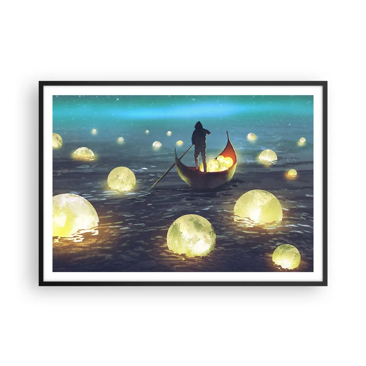 Póster en marco negro - Una figura en un barco rodeada de bolas luminosas en el agua. - 100x70cm - Cosas que los filósofos nunca soñaron - Decoración de pared moderna para salón y dormitorio ARTTOR