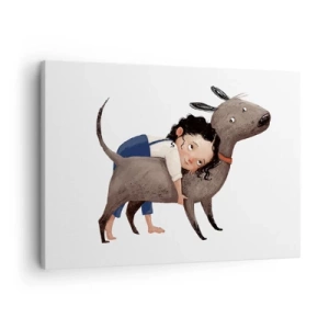 Cuadro sobre lienzo - Impresión de Imagen - Ilustración de estilo de dibujos animados de un niño abrazando a un perro. - 70x50cm - Mejores amigos - Decoración de pared moderna para salón y dormitorio ARTTOR