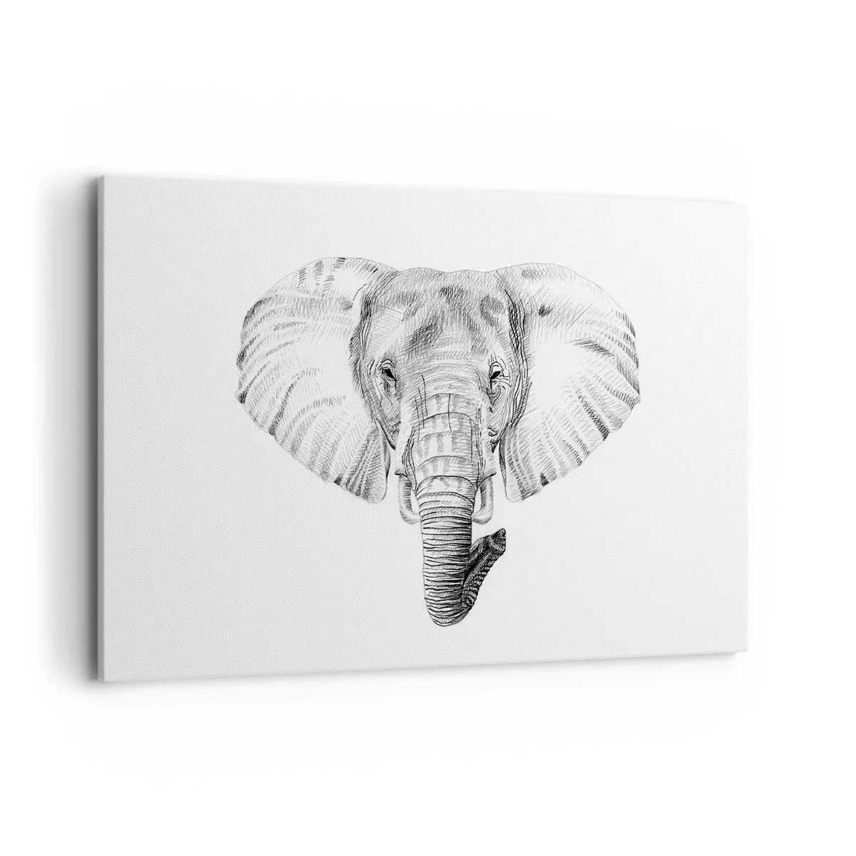 Cuadro sobre lienzo - Impresión de Imagen - Dibujo en blanco y negro de la cabeza de un elefante sobre un fondo blanco. - 120x80cm - Érase una vez un elefante... - Decoración de pared moderna para salón y dormitorio ARTTOR