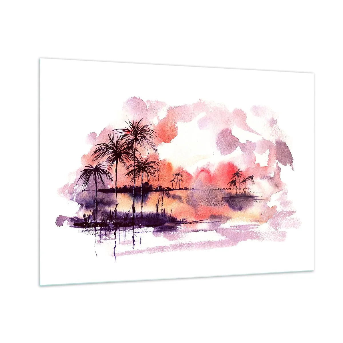 Cuadro sobre vidrio - Impresiones sobre Vidrio - Paisaje tropical al atardecer en acuarela - 100x70cm - La calma de los trópicos en rojo - Decoración de pared moderna para salón y dormitorio ARTTOR