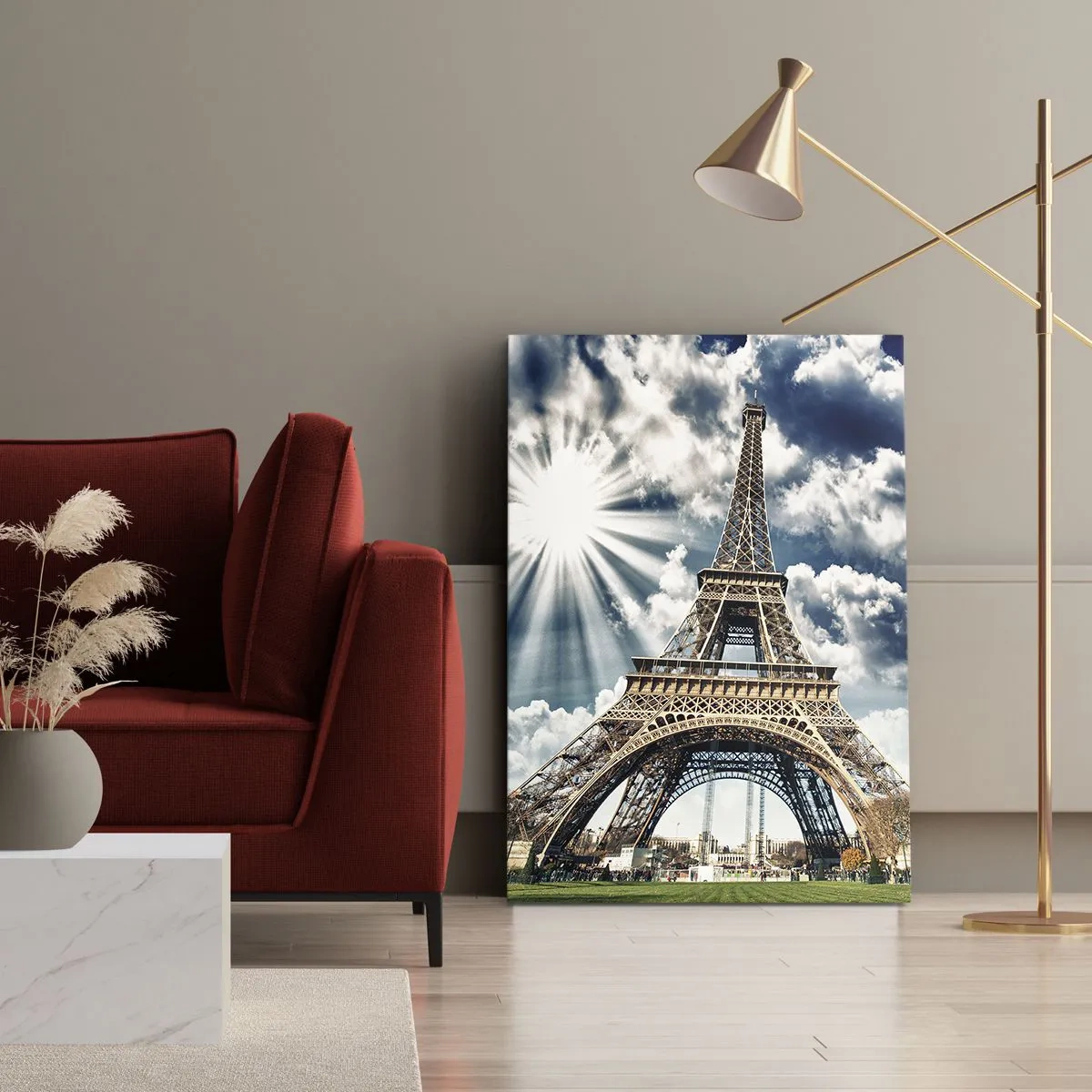 Cuadro sobre lienzo - Impresión de Imagen - La Torre Eiffel contra un cielo soleado con nubes. - 70x100cm - Única bajo el sol - Decoración de pared moderna para salón y dormitorio ARTTOR