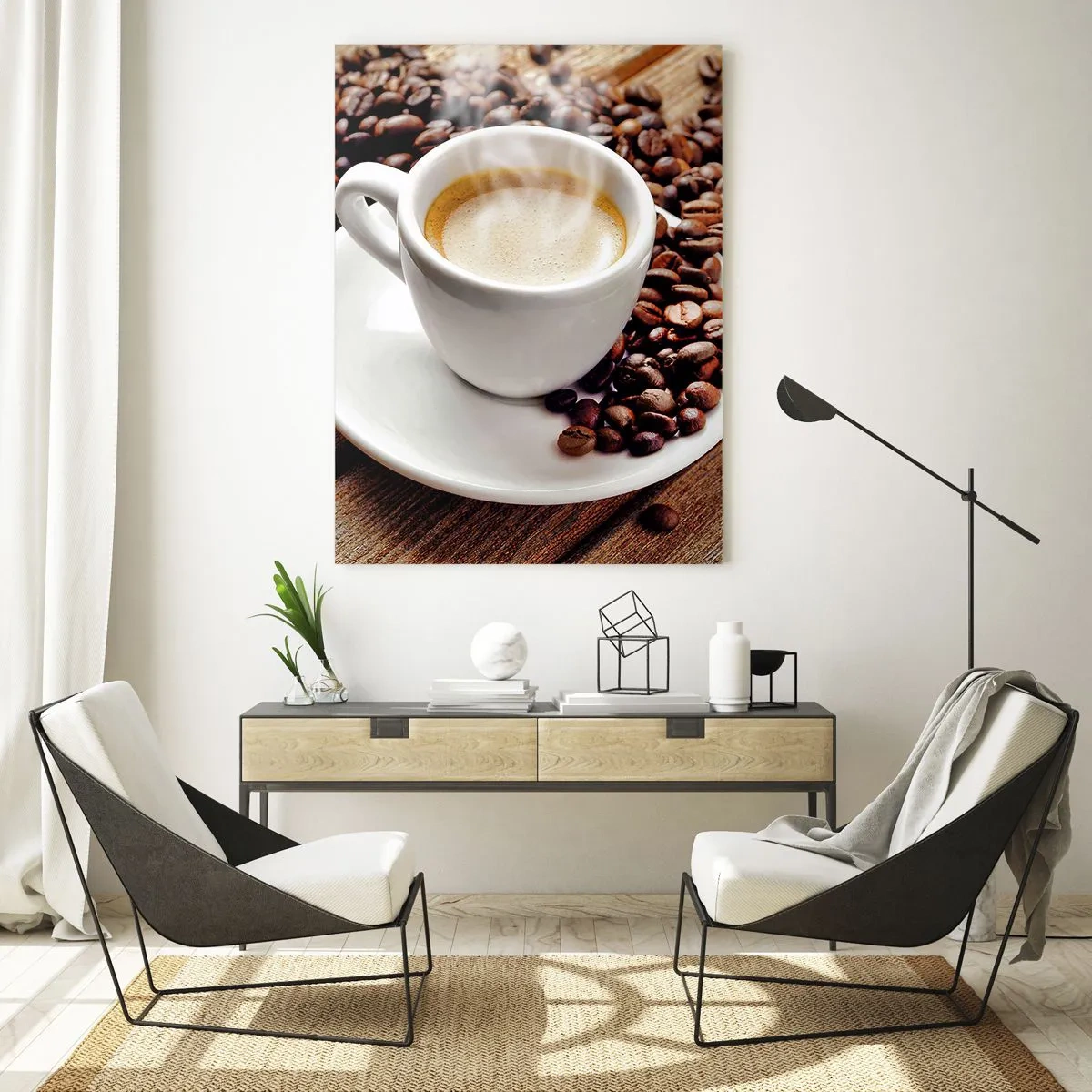 Cuadro sobre vidrio - Impresiones sobre Vidrio - Una taza de café aromático sobre un fondo de granos y una hoja. - 70x100cm - Café en el banco - Decoración de pared moderna para salón y dormitorio ARTTOR