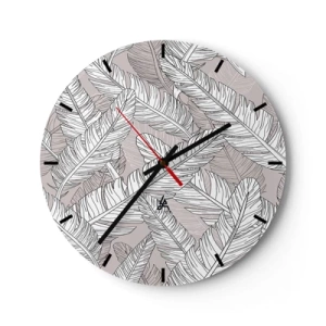 Reloj de pared - Reloj de vidrio - Hojas de plátano en blanco y negro sobre un fondo claro - 30x30cm - Turbulencias de plumas - Decoración de pared moderna para salón, cocina y dormitorio ARTTOR
