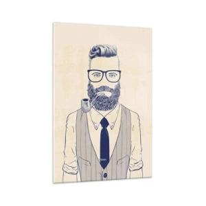 Cuadro sobre vidrio - Impresiones sobre Vidrio - Hombre estilizado con barba, pipa y gafas. - 70x100cm - Alegre, masculino y a la moda - Decoración de pared moderna para salón y dormitorio ARTTOR