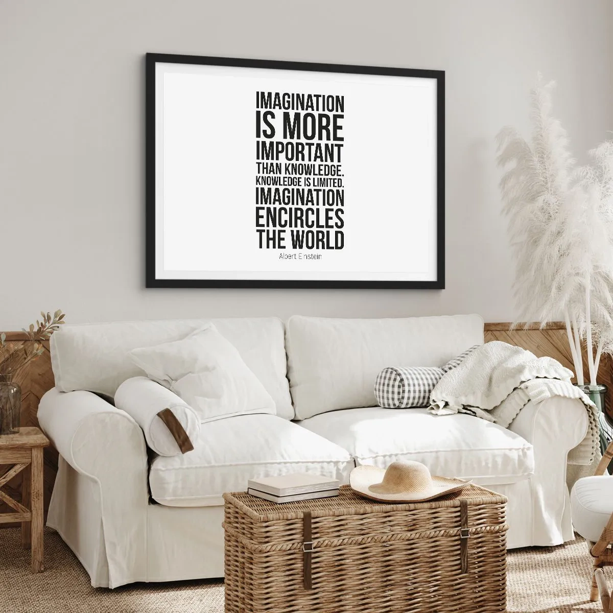 Póster en marco negro - Cita inspiradora sobre un fondo blanco en fuente negra. - 70x50cm - Einstein, sobre el poder de la imaginación - Decoración de pared moderna para salón y dormitorio ARTTOR
