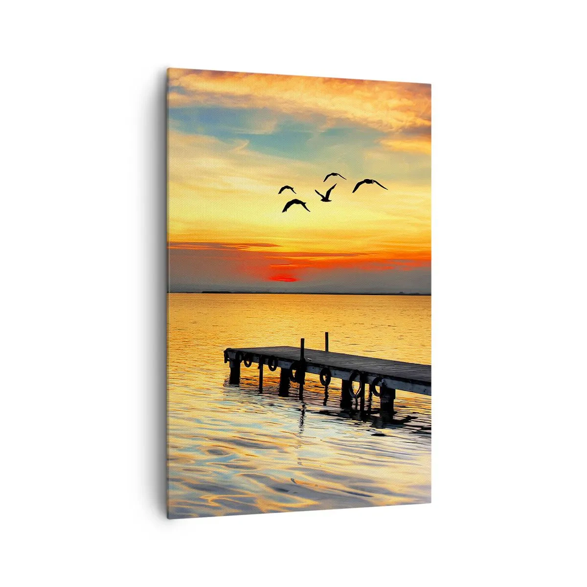 Cuadro sobre lienzo - Impresión de Imagen - Puesta de sol con un velero y un muelle en un lago tranquilo - 80x120cm - Regresos nocturnos - Decoración de pared moderna para salón y dormitorio ARTTOR