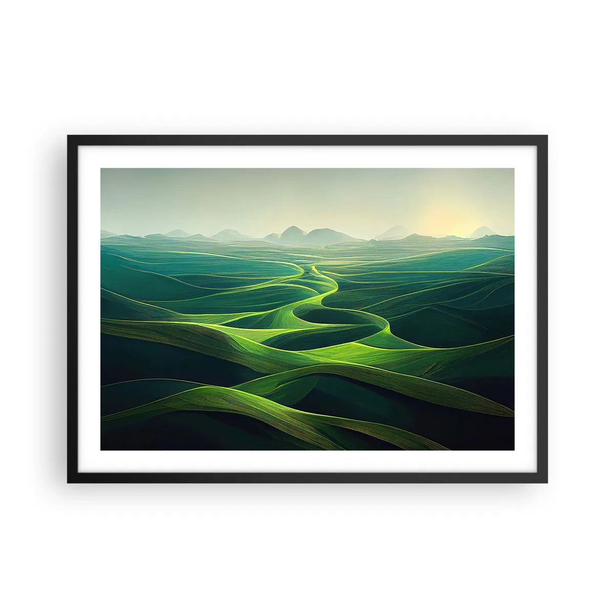 Póster en marco negro - Colinas verdes con senderos ondulados - 70x50cm - Valles en tonos verdes - Decoración de pared moderna para salón y dormitorio ARTTOR