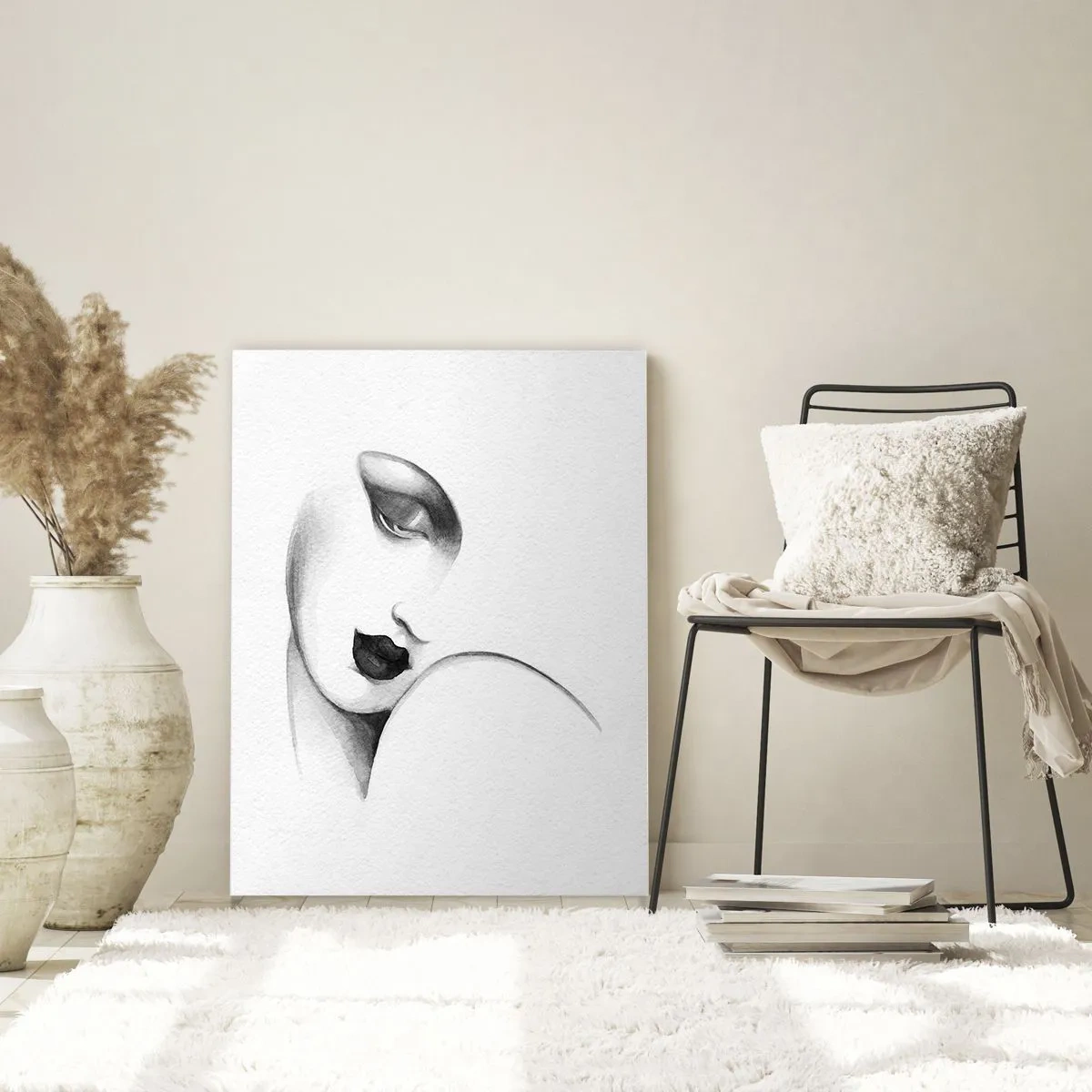 Cuadro sobre vidrio - Impresiones sobre Vidrio - Boceto Art Déco de un rostro de mujer en blanco y negro - 50x70cm - Pensativa - Decoración de pared moderna para salón y dormitorio ARTTOR