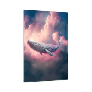 Cuadro sobre vidrio - Impresiones sobre Vidrio - Una ballena flotando en las nubes al atardecer. - 80x120cm - La reina de los mares asciende - Decoración de pared moderna para salón y dormitorio ARTTOR