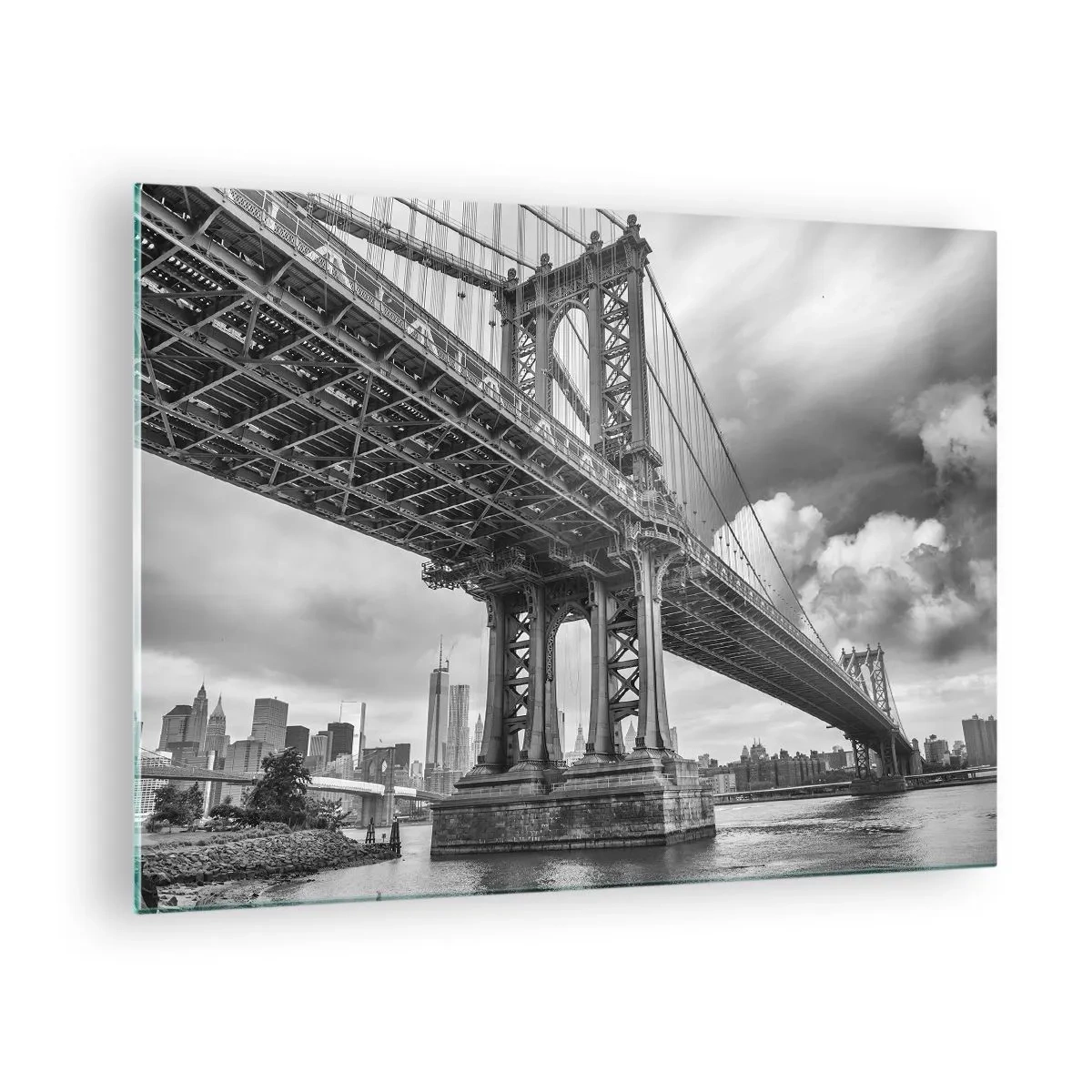 Cuadro sobre vidrio - Impresiones sobre Vidrio - Un puente colgante en un entorno monocromático - 70x50cm - Al corazón de la ciudad - Decoración de pared moderna para salón y dormitorio ARTTOR