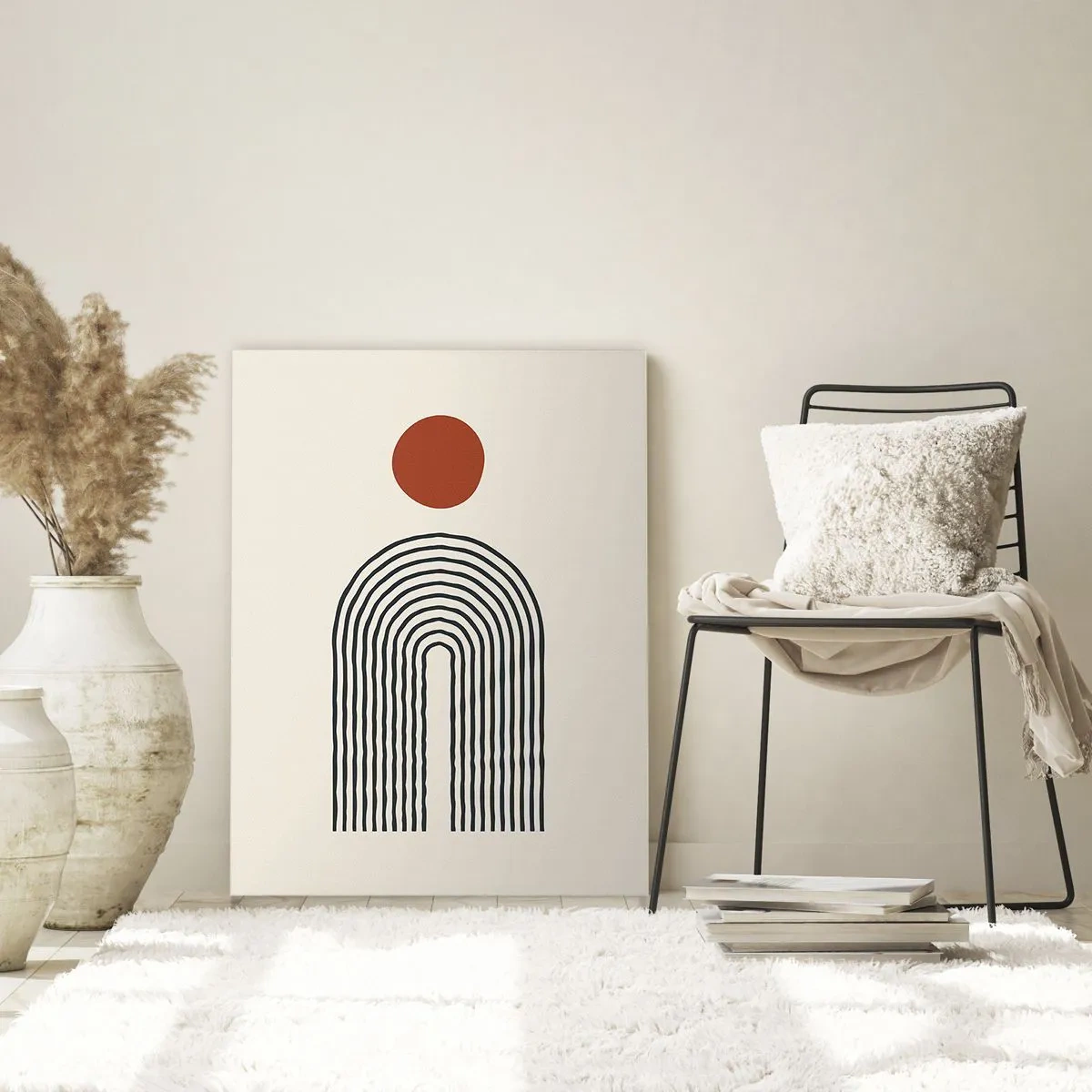 Cuadro sobre vidrio - Impresiones sobre Vidrio - Abstracción gráfica con líneas y círculos en estilo retro. - 50x70cm - Magnetismo de formas y colores - Decoración de pared moderna para salón y dormitorio ARTTOR