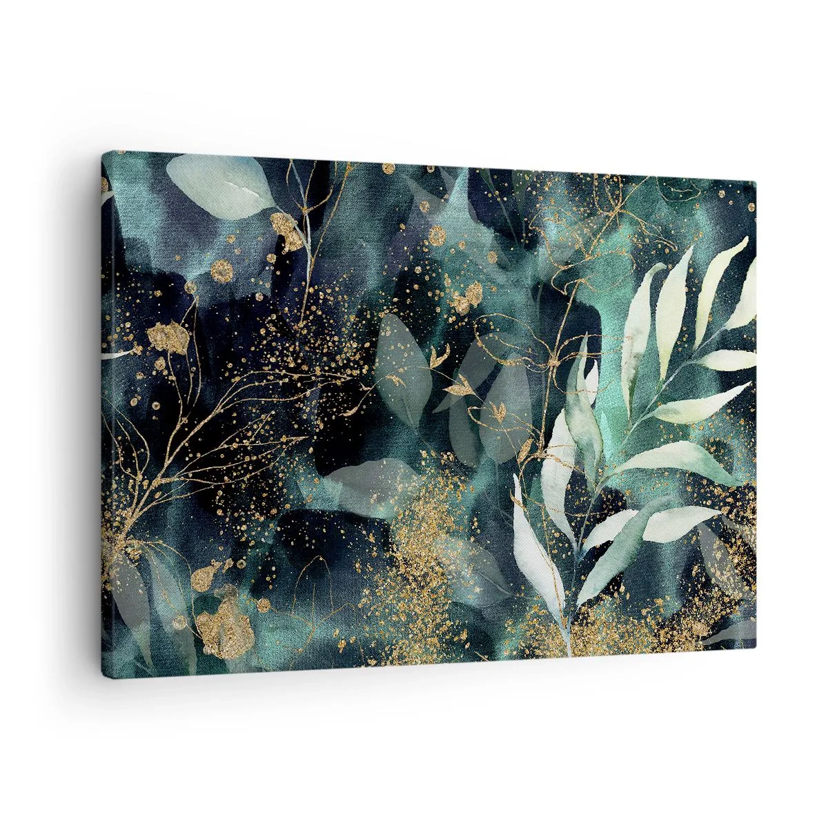 Cuadro sobre lienzo - Impresión de Imagen - Hojas elegantes sobre un fondo oscuro con acentos dorados. - 70x50cm - Jardín encantado - Decoración de pared moderna para salón y dormitorio ARTTOR
