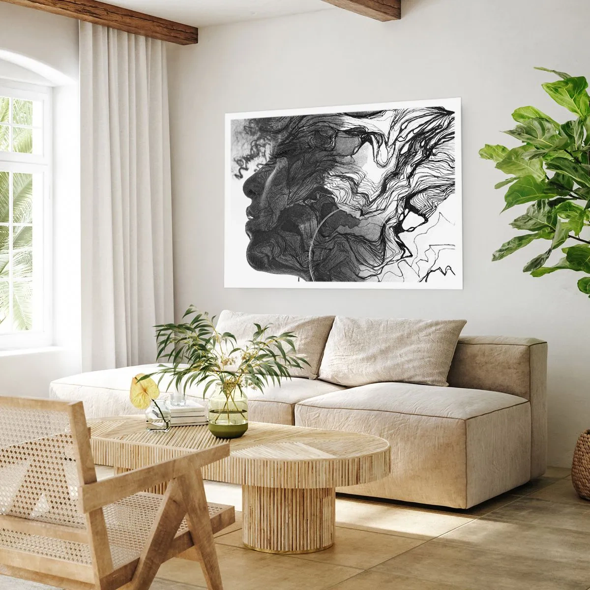 Póster - Rostro abstracto en blanco y negro con líneas dinámicas. - 100x70cm - Enredada en sueños - Decoración de pared moderna para salón y dormitorio ARTTOR