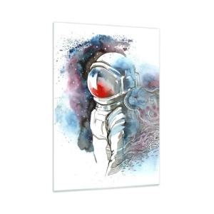 Cuadro sobre vidrio - Impresiones sobre Vidrio - Astronauta en un dinámico entorno espacial de acuarela - 50x70cm - A solas con el cosmos - Decoración de pared moderna para salón y dormitorio ARTTOR