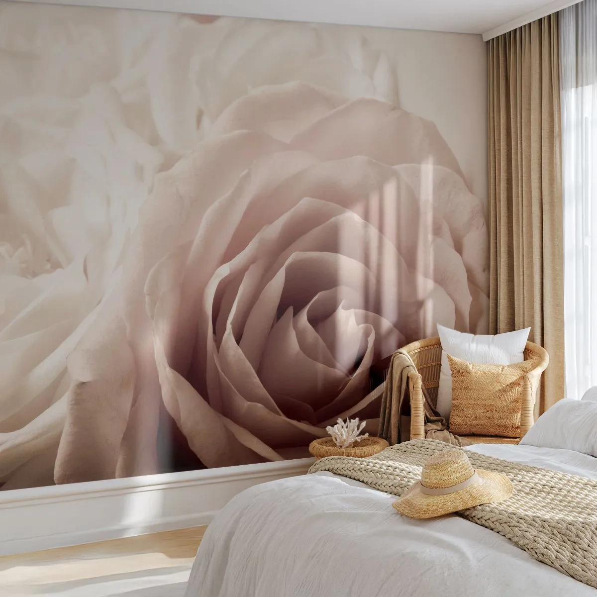 Fotomural Premium Sand - Primer plano de rosas color crema bajo una luz romántica - 100x70cm - En el corazón de una rosa - Decoración de pared moderna para salón y dormitorio ARTTOR