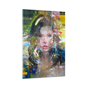 Cuadro sobre vidrio - Impresiones sobre Vidrio - Retrato abstracto de una mujer en colores intensos. - 80x120cm - Tras el velo del aire - Decoración de pared moderna para salón y dormitorio ARTTOR