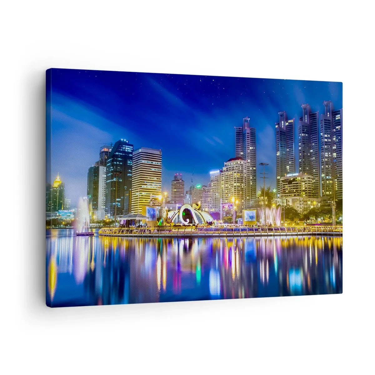 Cuadro sobre lienzo - Impresión de Imagen - Panorama nocturno de la ciudad con luces reflejadas en el agua. - 70x50cm - La noche del arco iris de la metrópoli - Decoración de pared moderna para salón y dormitorio ARTTOR