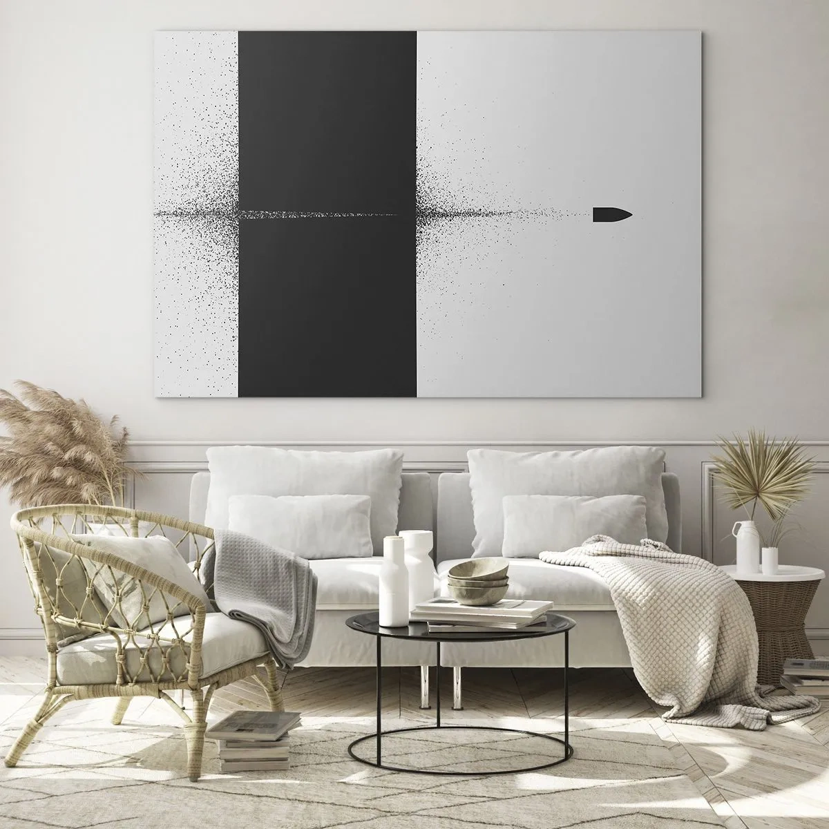 Cuadro sobre vidrio - Impresiones sobre Vidrio - Una composición abstracta en blanco y negro con una línea dinámica. - 70x50cm - Directa al objetivo - Decoración de pared moderna para salón y dormitorio ARTTOR