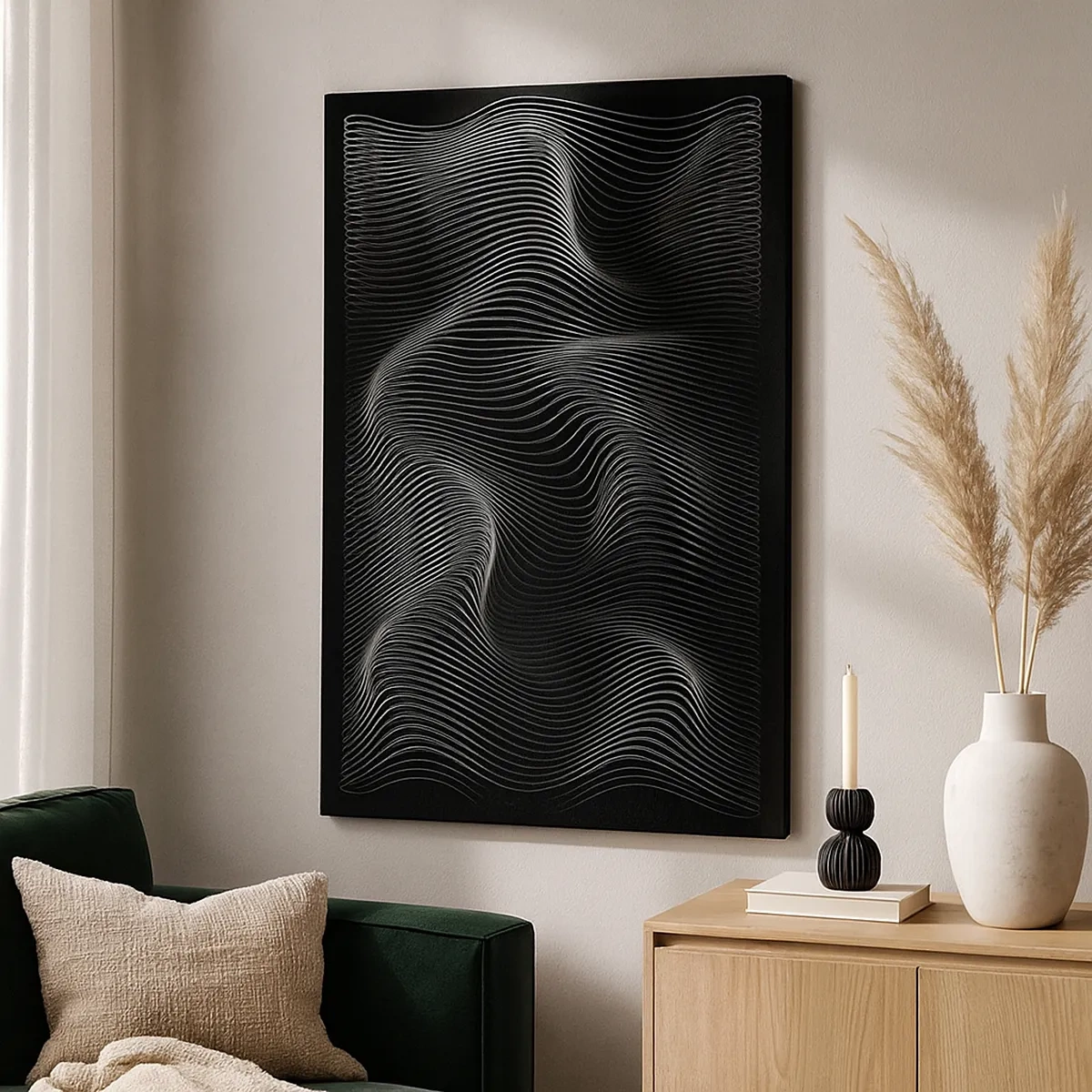 Cuadro sobre lienzo - Impresión de Imagen - Líneas blancas abstractas sobre un fondo negro - 50x70cm - La danza de la luz en el espacio - Decoración de pared moderna para salón y dormitorio ARTTOR