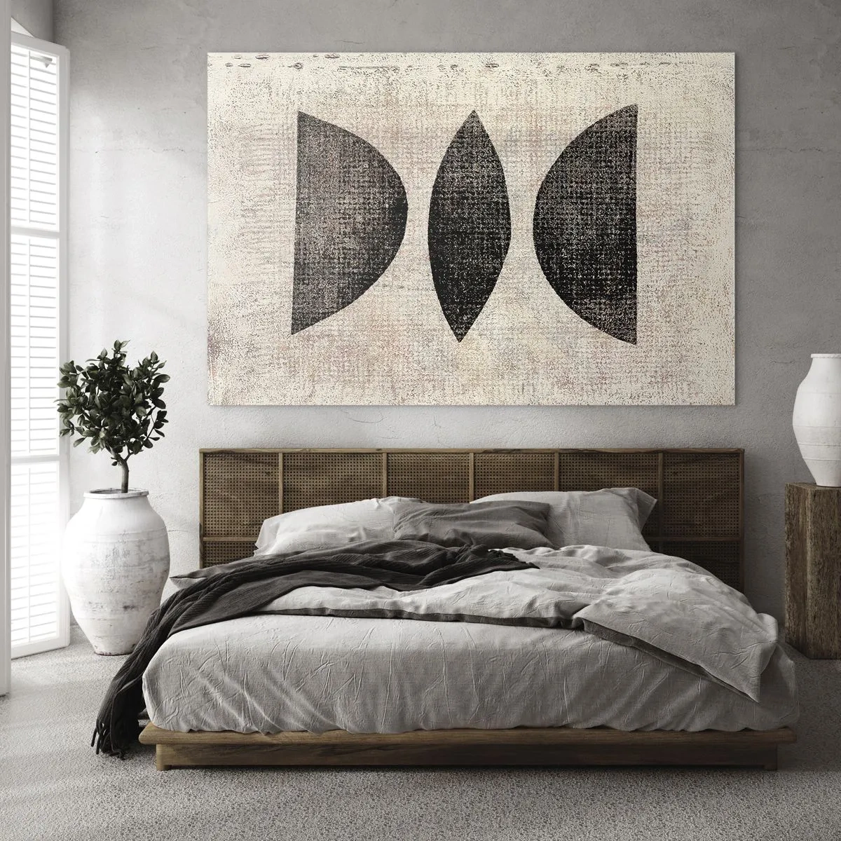 Cuadro sobre vidrio - Impresiones sobre Vidrio - Formas geométricas negras sobre un fondo beige - 120x80cm - Abstracción étnica - Decoración de pared moderna para salón y dormitorio ARTTOR