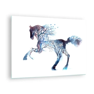 Cuadro sobre vidrio - Impresiones sobre Vidrio - Ilustración de un caballo con ramas en lugar de cuerpo. - 70x50cm - El bosque en movimiento - Decoración de pared moderna para salón y dormitorio ARTTOR