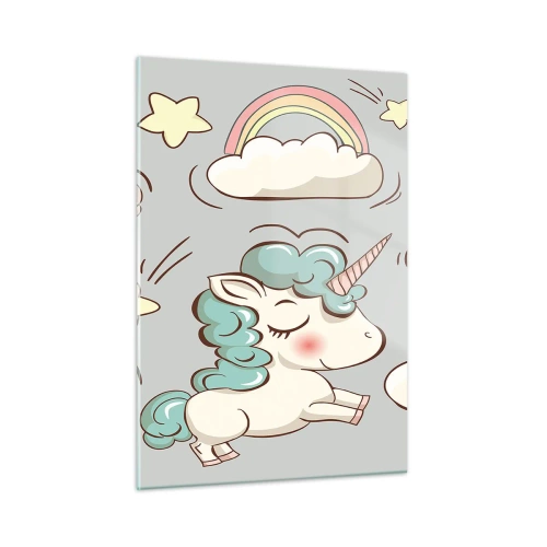 Cuadro sobre vidrio - Impresiones sobre Vidrio - Lindos unicornios en las nubes con un arcoíris y globos. - 50x70cm - Estoy seguro de que existen - Decoración de pared moderna para salón y dormitorio ARTTOR