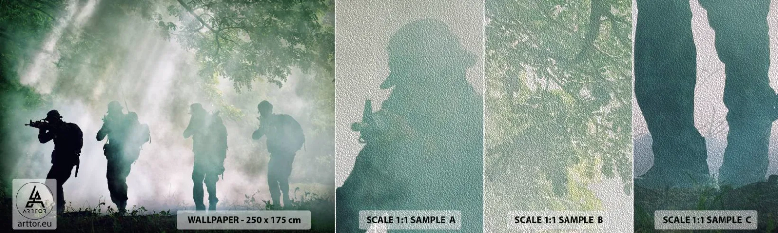 Muestra de fotomural Premium Sand - Uno para todos... - Soldado, Arma, Rifle - 100x30 cm