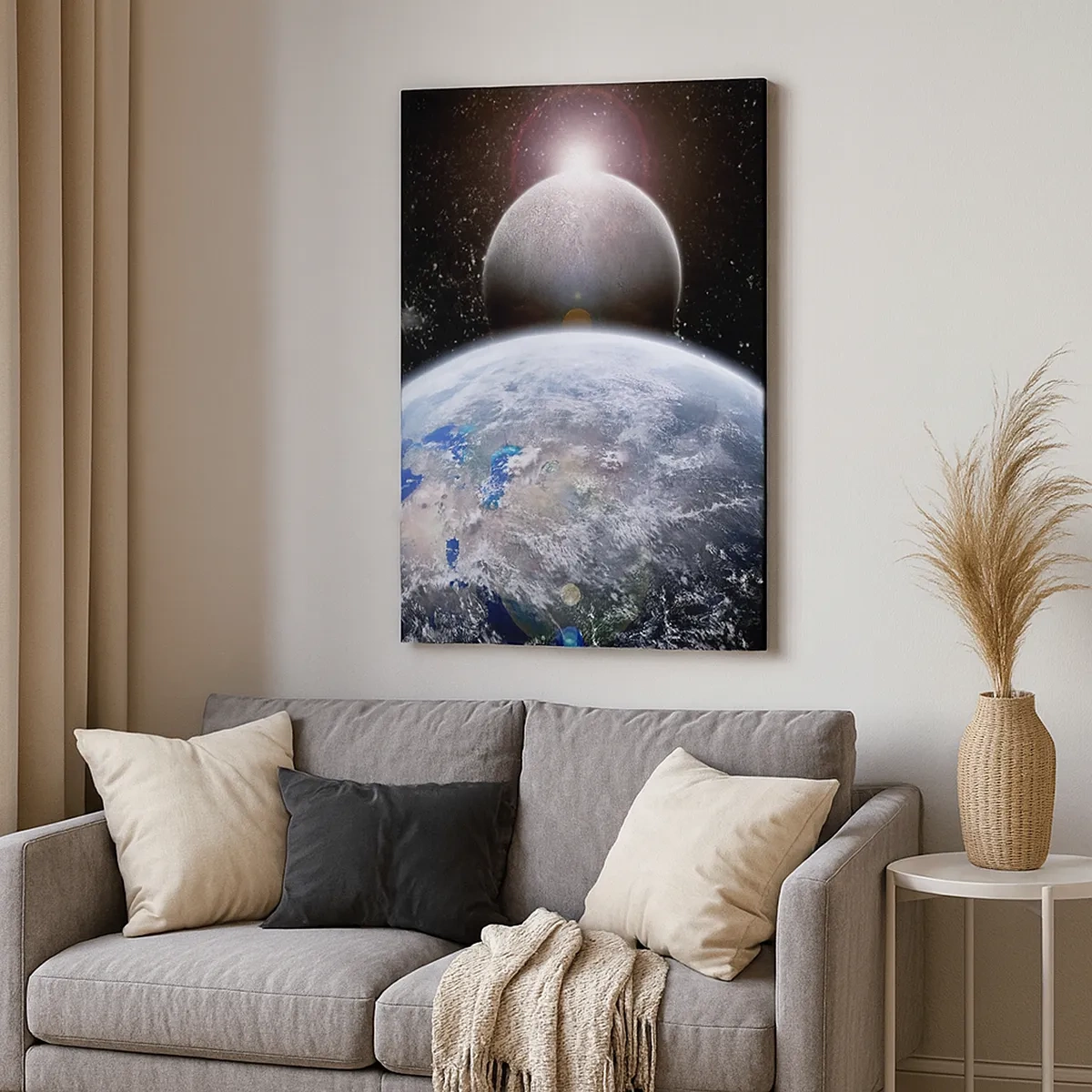 Cuadro sobre lienzo - Impresión de Imagen - El planeta Tierra y la Luna con el espacio exterior estrellado como telón de fondo. - 50x70cm - Paisaje cósmico - amanecer - Decoración de pared moderna para salón y dormitorio ARTTOR
