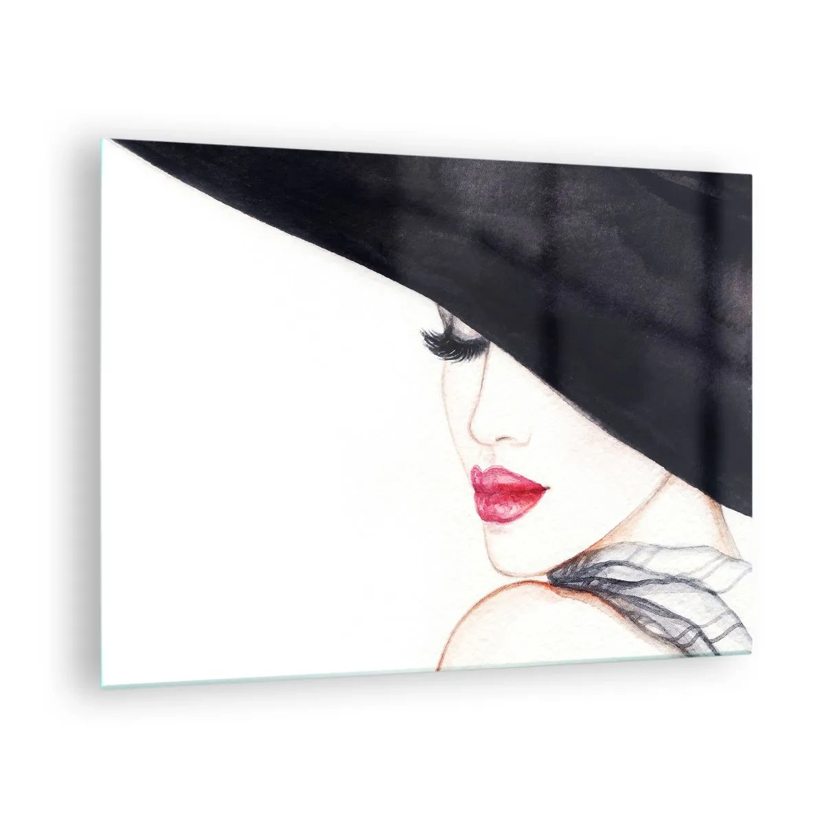 Cuadro sobre vidrio - Impresiones sobre Vidrio - Un retrato sutil de una mujer con sombrero y labios rojos. - 70x50cm - Elegancia y sensualidad - Decoración de pared moderna para salón y dormitorio ARTTOR