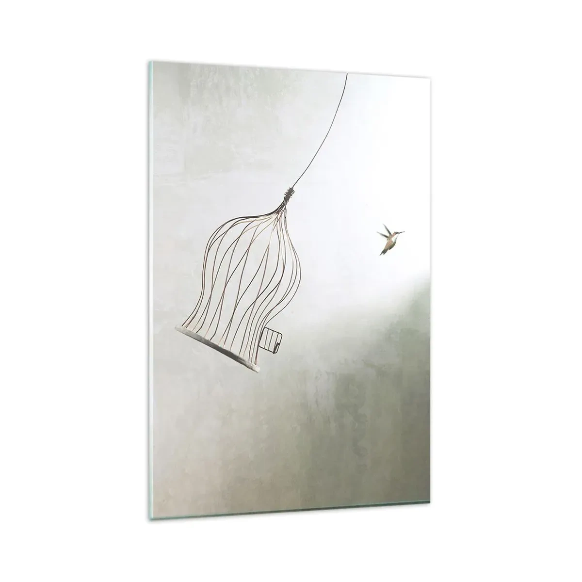 Cuadro sobre vidrio - Impresiones sobre Vidrio - Un pájaro liberado de una jaula con el cielo brillante como telón de fondo. - 80x120cm - Aquí debo estar - Decoración de pared moderna para salón y dormitorio ARTTOR