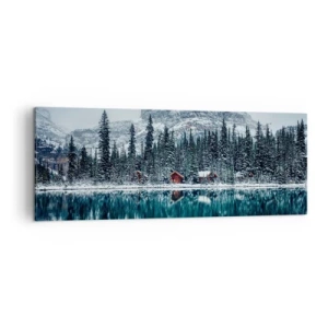 Cuadro sobre lienzo - Impresión de Imagen - Paisaje invernal con cabañas en el bosque junto a un lago congelado - 140x50cm - Retiro canadiense - Decoración de pared moderna para salón y dormitorio ARTTOR
