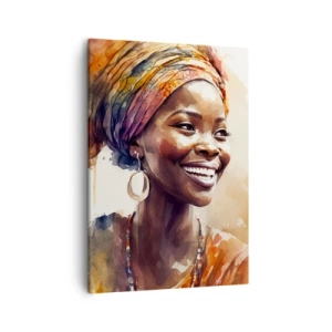 Cuadro sobre lienzo - Impresión de Imagen - Retrato de una mujer sonriente con una bufanda colorida en acuarela - 50x70cm - Reina africana - Decoración de pared moderna para salón y dormitorio ARTTOR