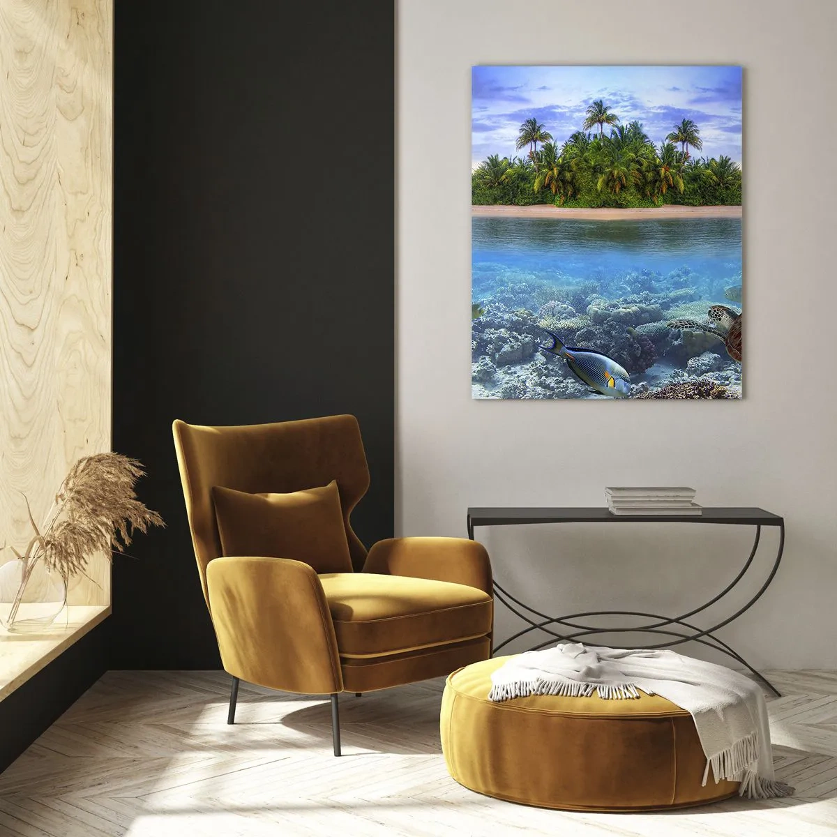Cuadro sobre vidrio - Impresiones sobre Vidrio - Una isla tropical con un arrecife de coral y vida marina. - 50x70cm - Una isla paradisíaca te invita - Decoración de pared moderna para salón y dormitorio ARTTOR
